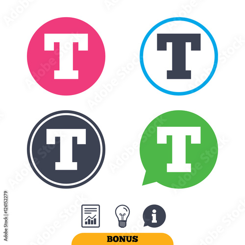 Text edit sign icon. Letter T button. Report document, information sign and light bulb icons. Vector