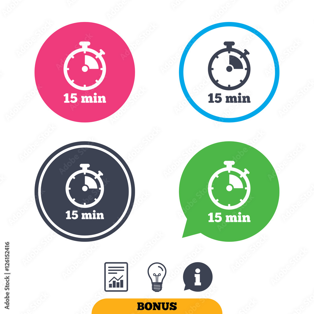 Timer sign icon. 15 minutes stopwatch symbol. Report document, information sign and light bulb icons. Vector
