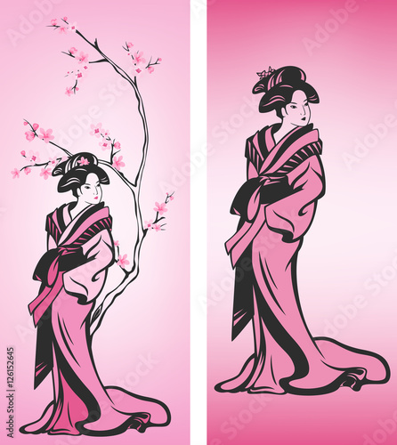 Tablou canvas spring geisha vector design set