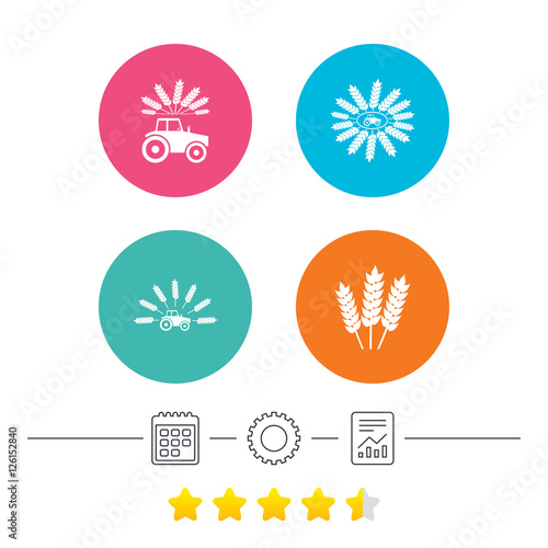 Tractor icons. Wreath of Wheat corn signs. Agricultural industry transport symbols. Calendar, cogwheel and report linear icons. Star vote ranking. Vector