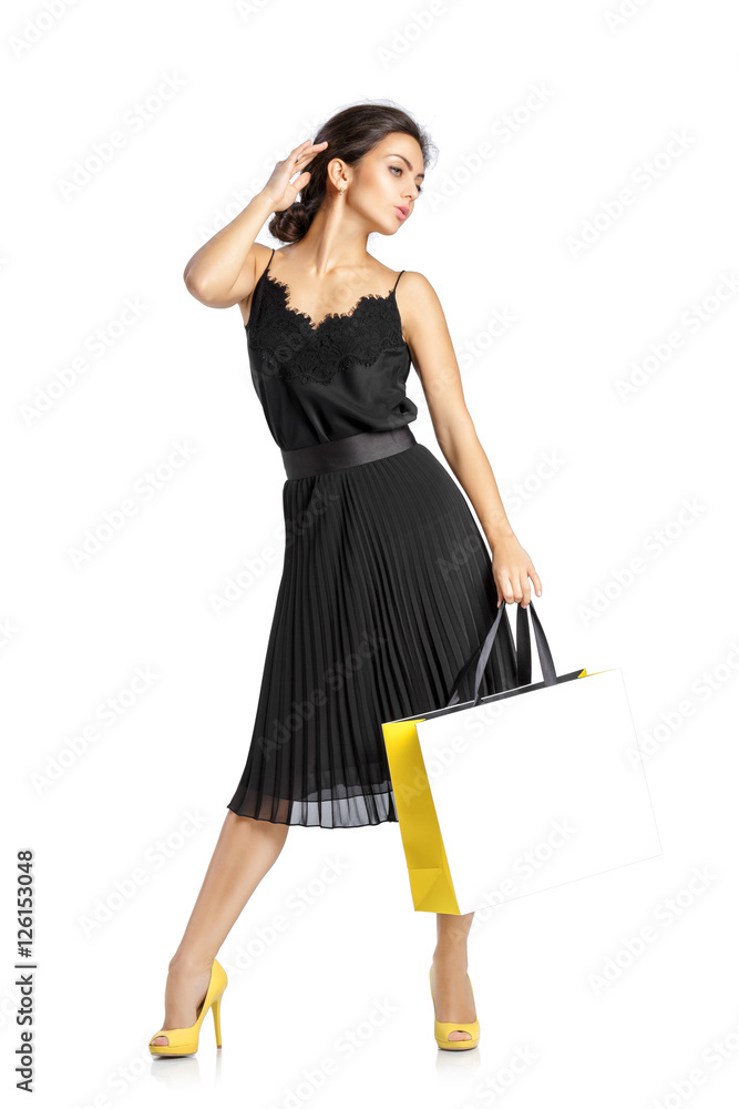 sexy woman in black dress with shopping bags sexy woman in black dress with shopping bags
