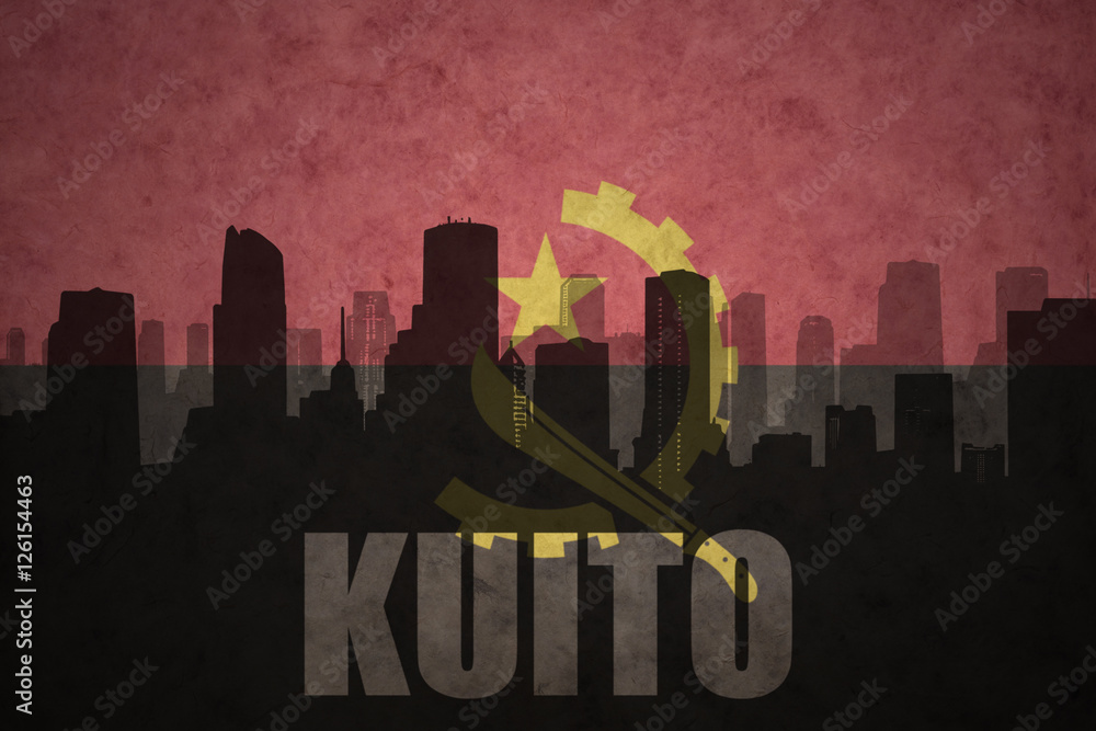 abstract silhouette of the city with text Kuito at the vintage angolan flag