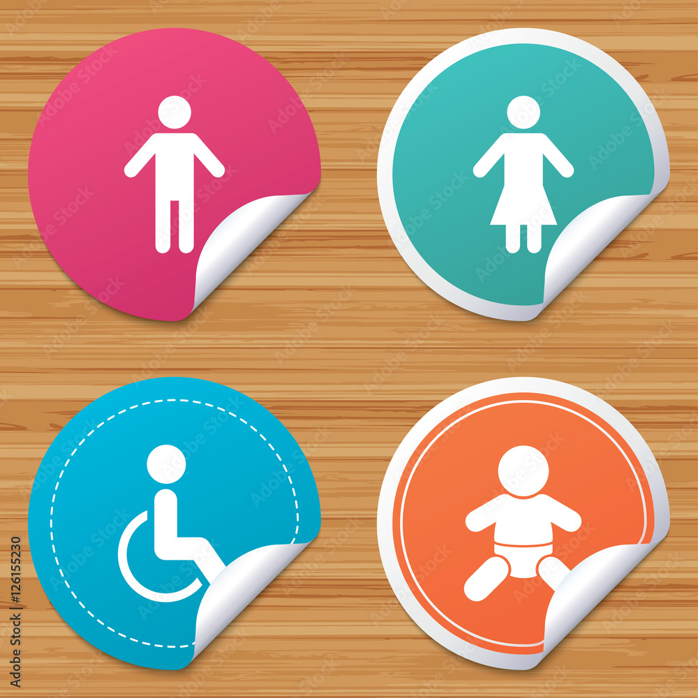 Round stickers or website banners. WC toilet icons. Human male or female signs. Baby infant or toddler. Disabled handicapped invalid symbol. Circle badges with bended corner. Vector Round stickers or website banners. WC toilet icons. Human male or female signs. Baby infant or toddler. Disabled handicapped invalid symbol. Circle badges with bended corner. Vector