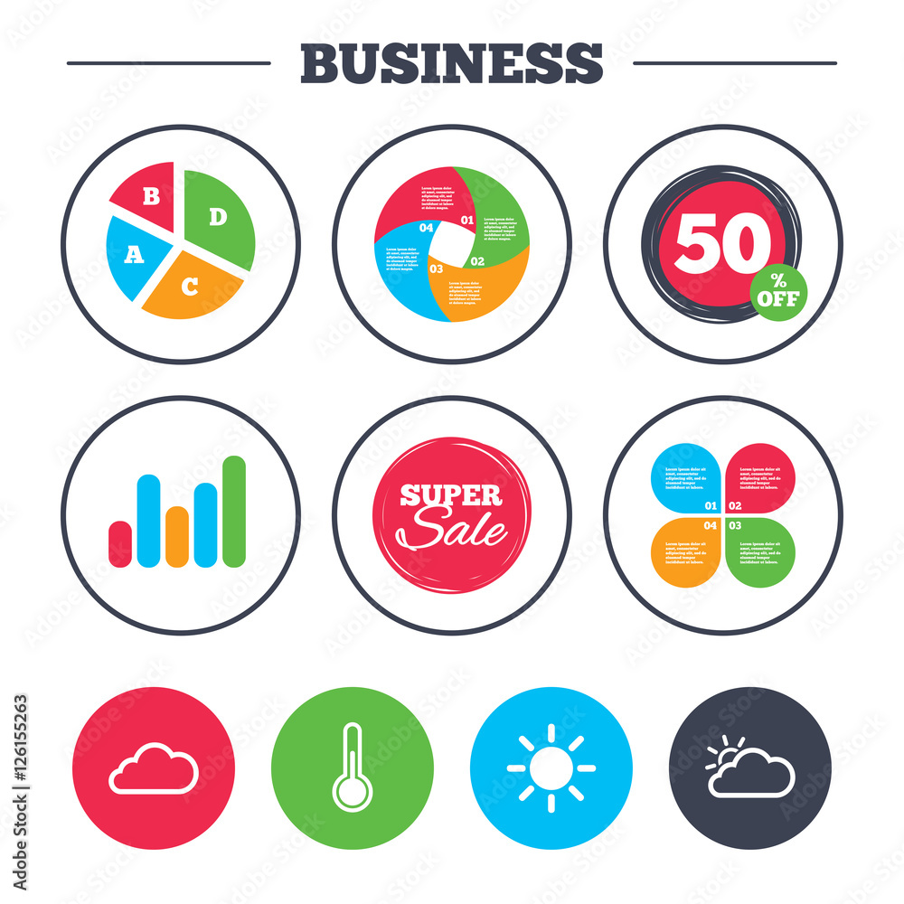 Business pie chart. Growth graph. Weather icons. Cloud and sun signs. Thermometer temperature symbol. Super sale and discount buttons. Vector