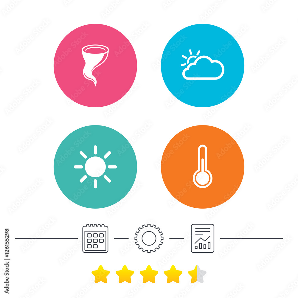 Weather icons. Cloud and sun signs. Storm symbol. Thermometer temperature sign. Calendar, cogwheel and report linear icons. Star vote ranking. Vector Weather icons. Cloud and sun signs. Storm symbol. Thermometer temperature sign. Calendar, cogwheel and report linear icons. Star vote ranking. Vector