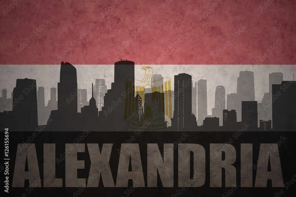 abstract silhouette of the city with text Alexandria at the vintage egyptian flag