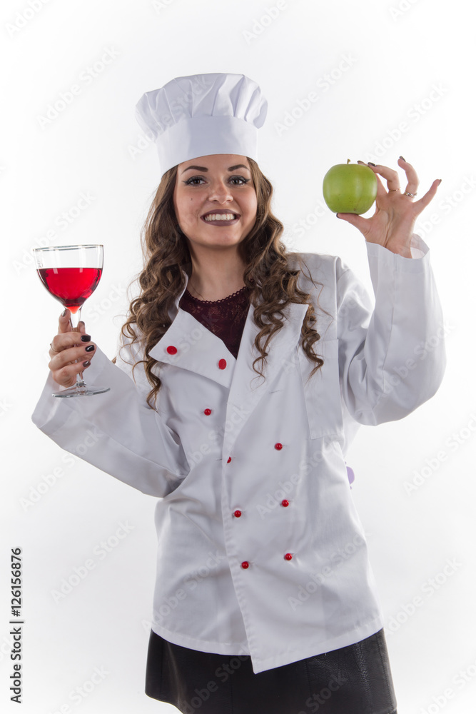 Girl chef with a large glass of wine on a white background Girl chef with a large glass of wine on a white background