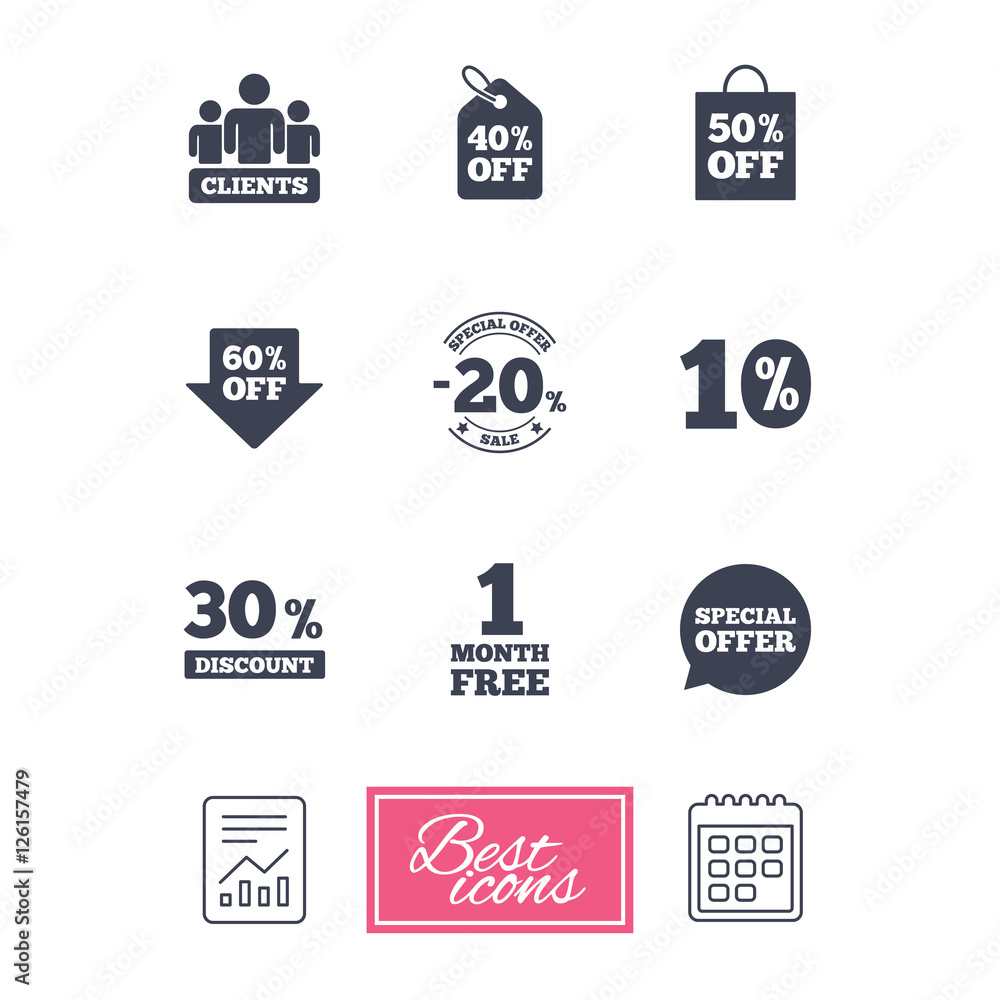 Sale discounts icon. Shopping, clients and speech bubble signs. 20, 30, 40 and 50 percent off. Special offer symbols. Report document, calendar icons. Vector