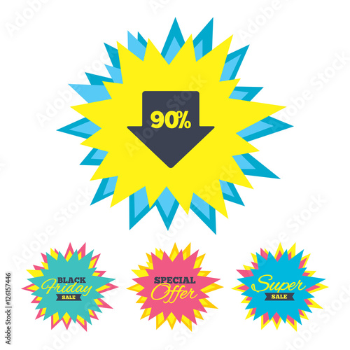 Sale stickers and banners. 90% sale arrow tag sign icon. Discount symbol. Special offer label. Star labels. Vector