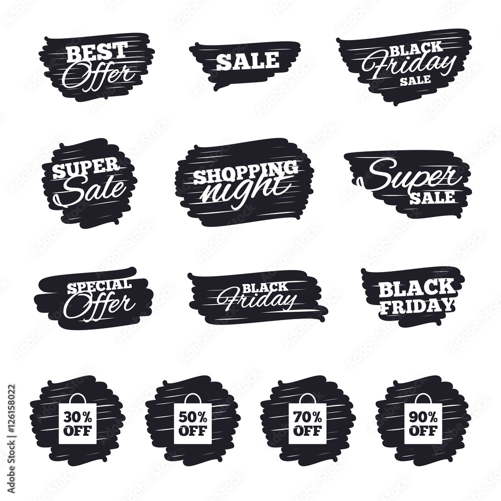 Ink brush sale stripes and banners. Sale bag tag icons. Discount special offer symbols. 30%, 50%, 70% and 90% percent off signs. Black friday. Ink stroke. Vector