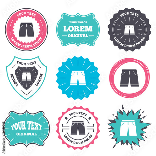 Label and badge templates. Men's Bermuda shorts sign icon. Clothing symbol. Retro style banners, emblems. Vector