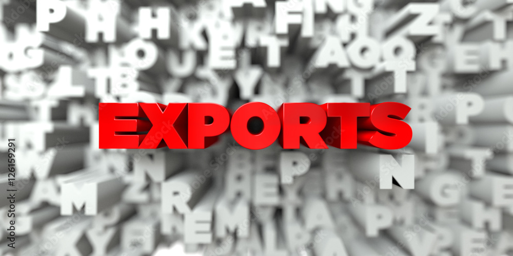 EXPORTS - Red text on typography background - 3D rendered royalty free stock image. This image can be used for an online website banner ad or a print postcard. EXPORTS - Red text on typography background - 3D rendered royalty free stock image. This image can be used for an online website banner ad or a print postcard.