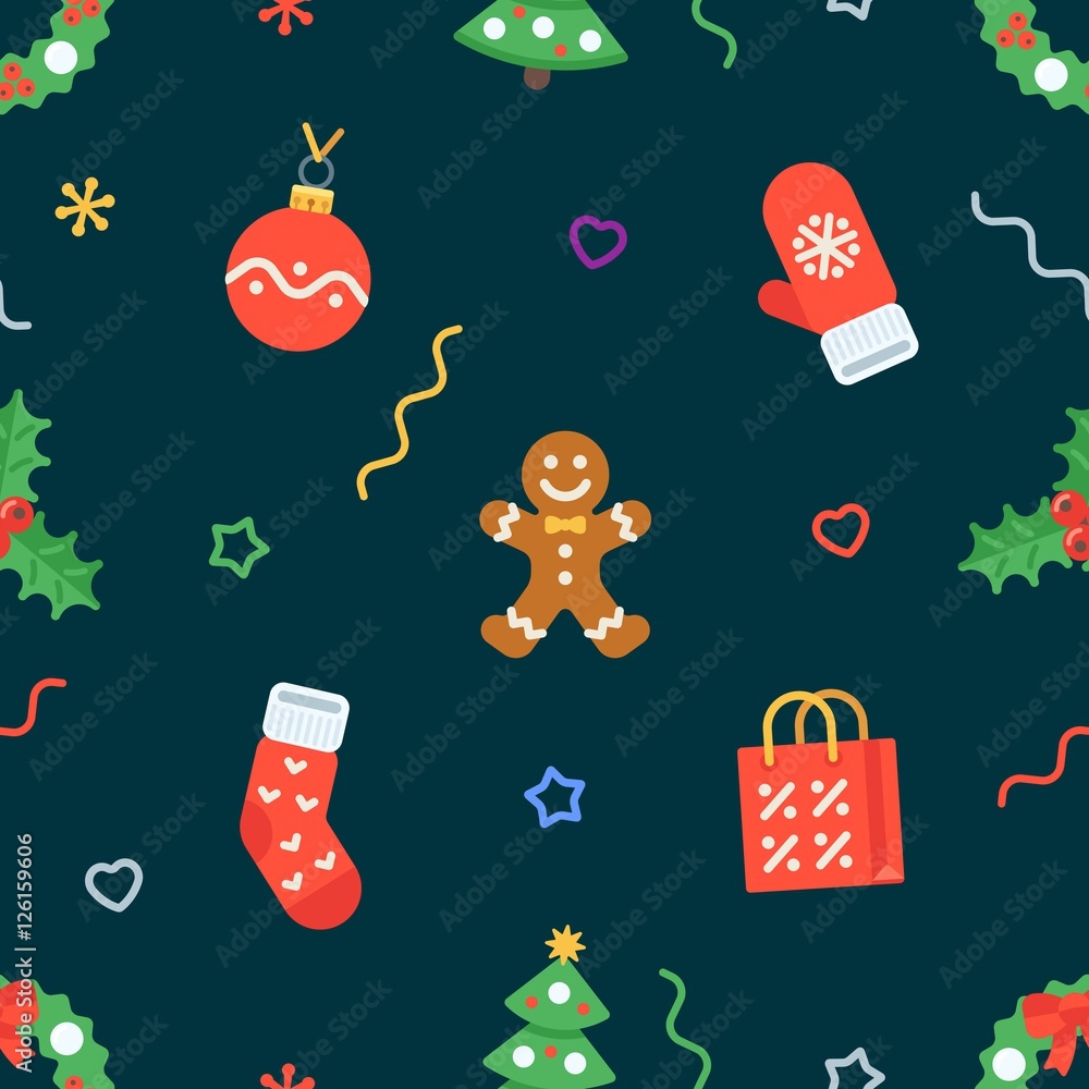 Fototapeta premium Seamless flat Christmas pattern of traditional decoration elements
