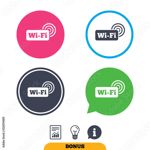 Free wifi sign. Wifi symbol. Wireless Network icon. Wifi zone. Report document, information sign and light bulb icons. Vector