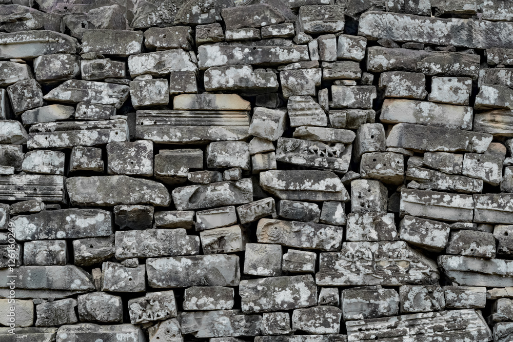 Obraz premium Mortarless stone block wall, Bayon Temple, Angkor Thom, Siem Reap, Cambodia