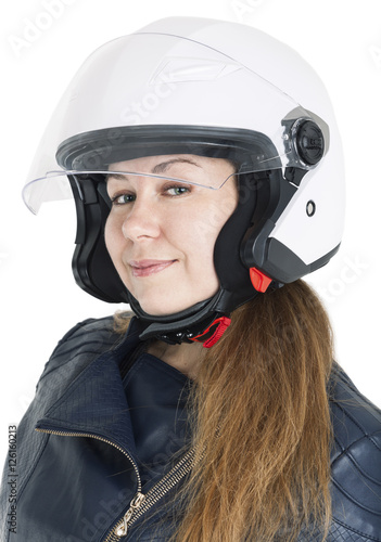 Smiling female motorcyclist in white helmet shell, isolated on white background