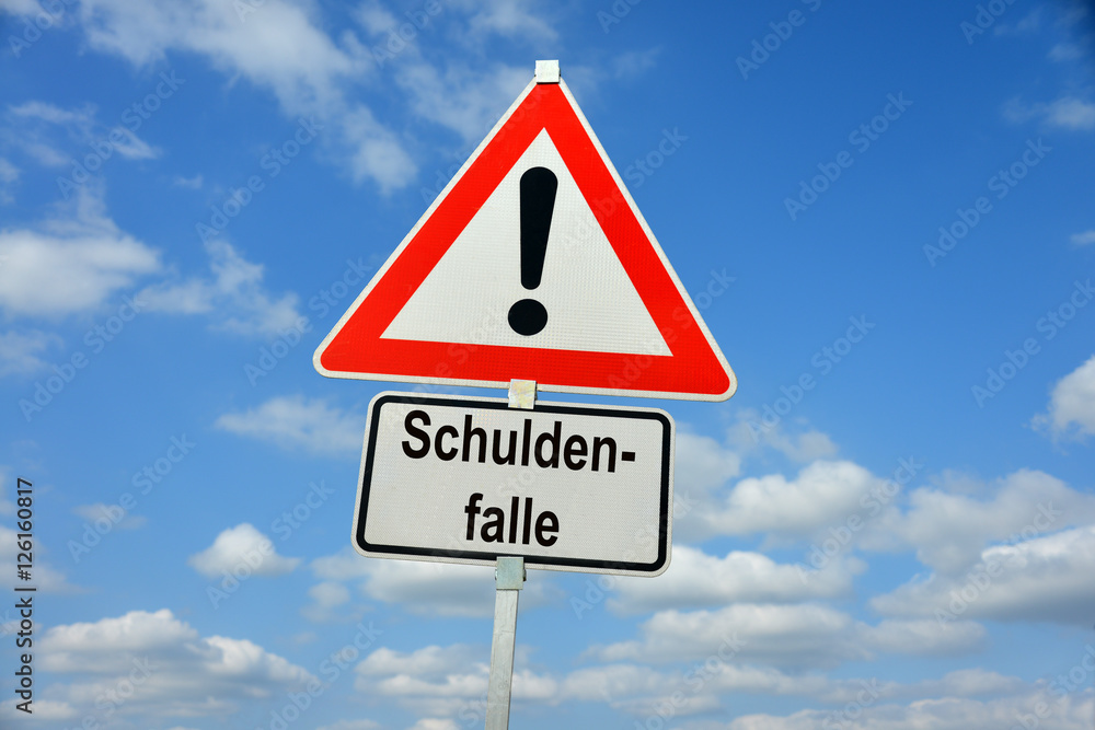 Schuldenfalle, Schulden, symbolisch, Schild, Warnung, Dispositionskredit, Kredit, Insolvenz, Zahlungsunfähigkeit, Geldnot, Liquidität, Kontoüberziehung, Überziehung Schuldenfalle, Schulden, symbolisch, Schild, Warnung, Dispositionskredit, Kredit, Insolvenz, Zahlungsunfähigkeit, Geldnot, Liquidität, Kontoüberziehung, Überziehung
