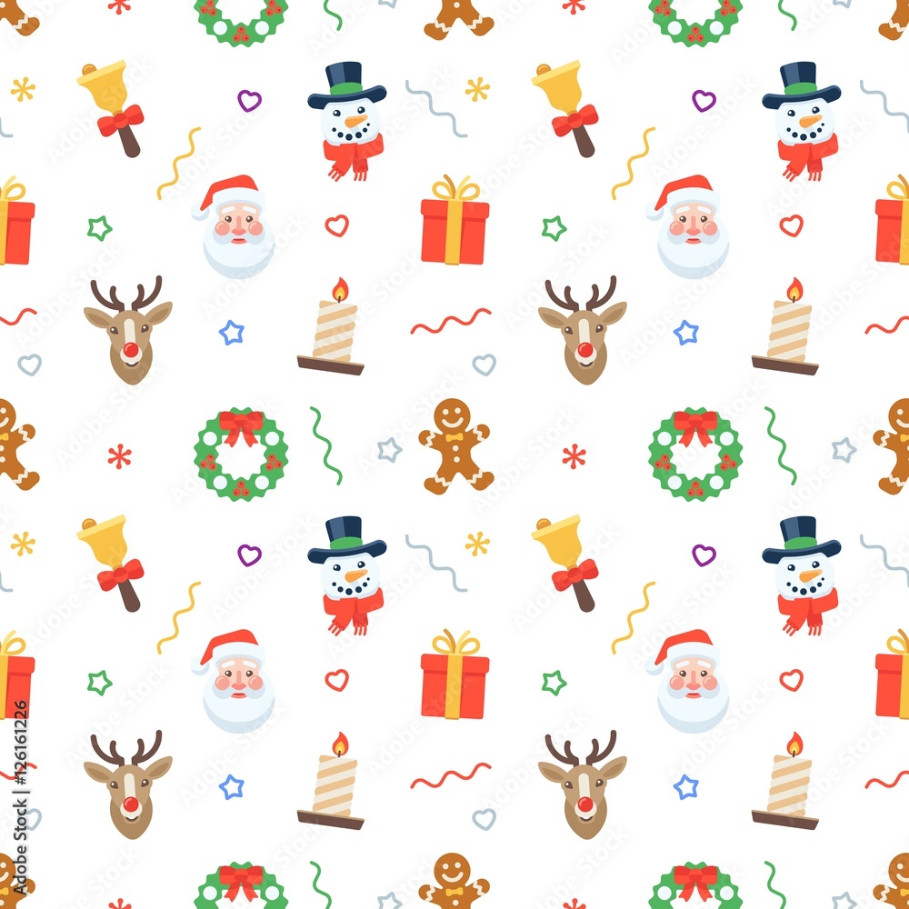 Fototapeta premium Seamless flat Christmas pattern of traditional decoration elements