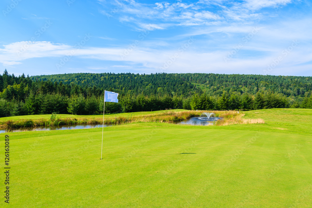 Obraz premium Green golf course area in Arlamow village, Bieszczady Mountains, Poland