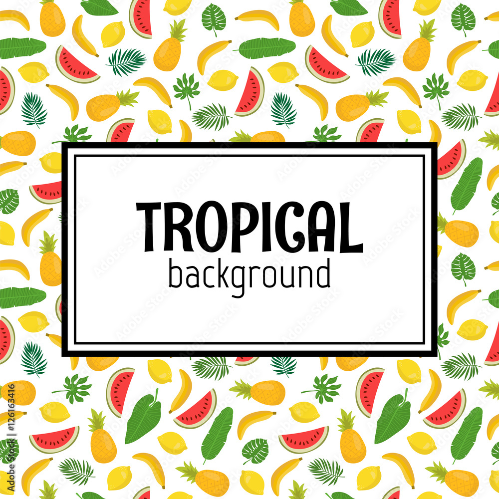 Abstract background with tropical leaves and fruits. Jungle patt Abstract background with tropical leaves and fruits. Jungle patt