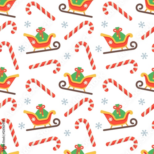 Seamless flat Christmas pattern of candy cane and sleigh