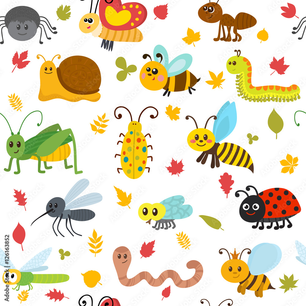Cute cartoon seamless pattern with insects and leaves. Funny bac Cute cartoon seamless pattern with insects and leaves. Funny bac