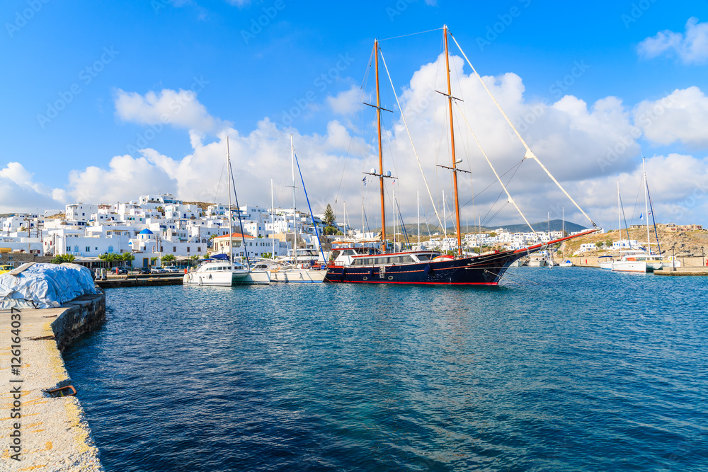 Sailing boats anchoring in Naoussa port on Paros island, Greece