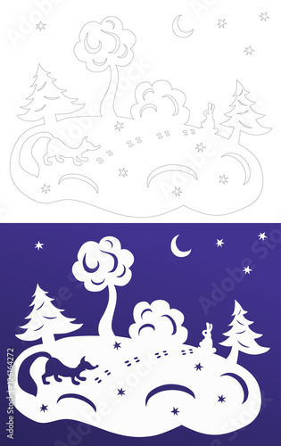 Winter paper cut. Snow-covered trees. Hare and fox. Wycinanka