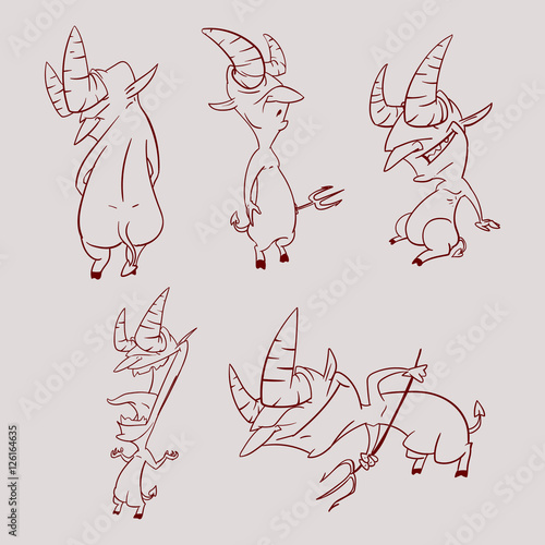 Imps or demons line drawings, outline illustrations