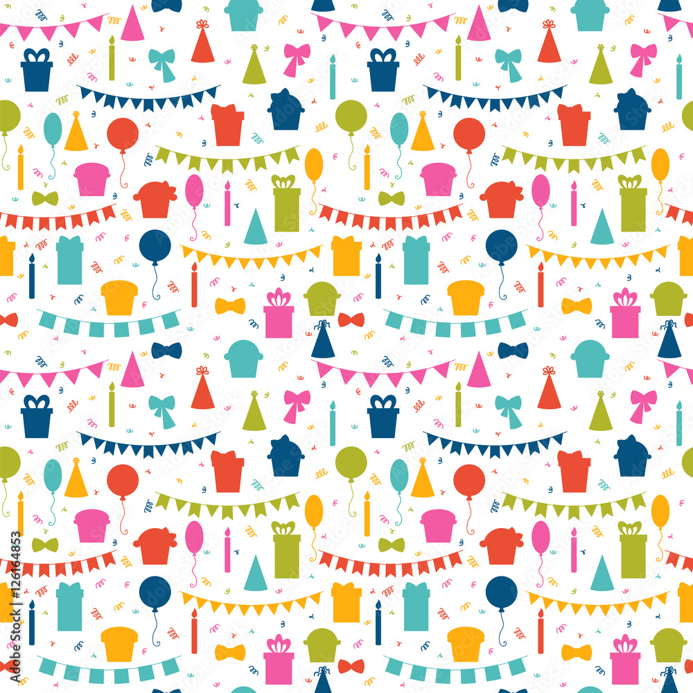 Happy Birthday seamless pattern with colorful party elements. Ba Happy Birthday seamless pattern with colorful party elements. Ba