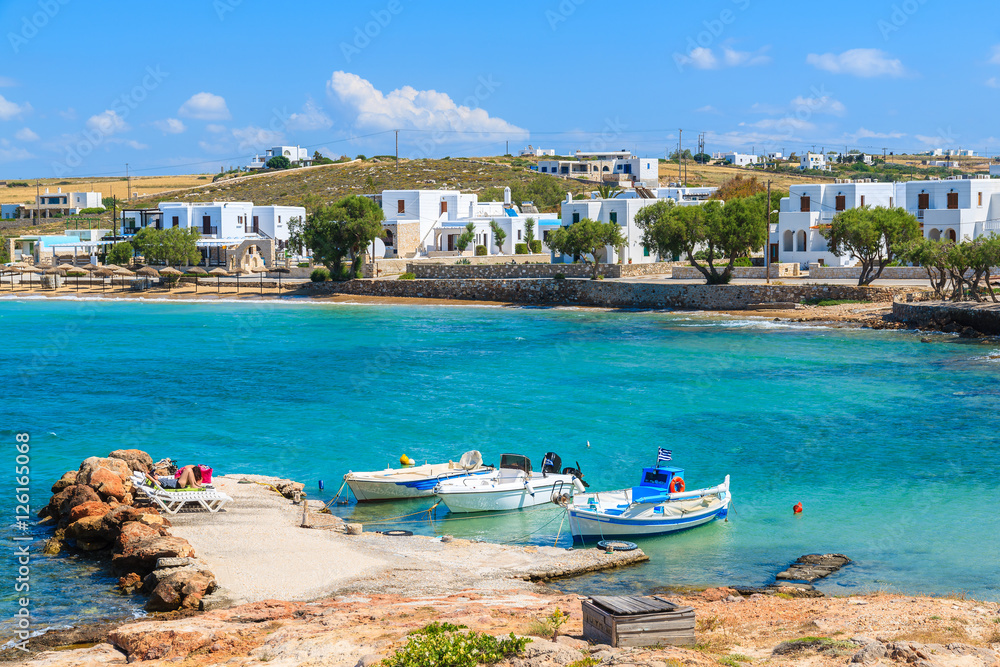 Fishing boats in small sea bay in Naoussa town, Paros island, Greece