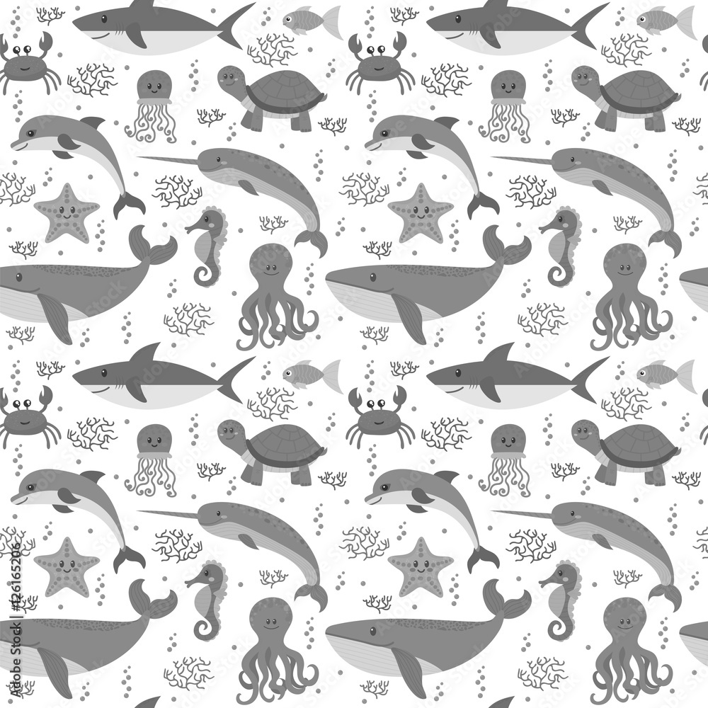 Seamless pattern with cartoon sea life animals. Sea theme. Under