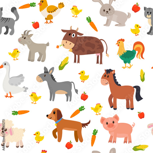 Seamless pattern with farm animals, vegetables and fruits. Cute © Helen Sko