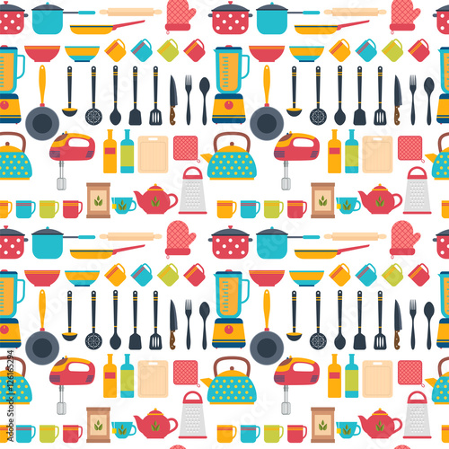 Seamless pattern with kitchen utensils. Home appliances for cook
