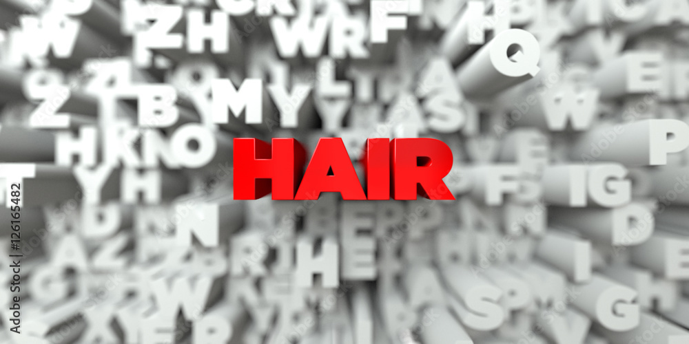 HAIR -  Red text on typography background - 3D rendered royalty free stock image. This image can be used for an online website banner ad or a print postcard.