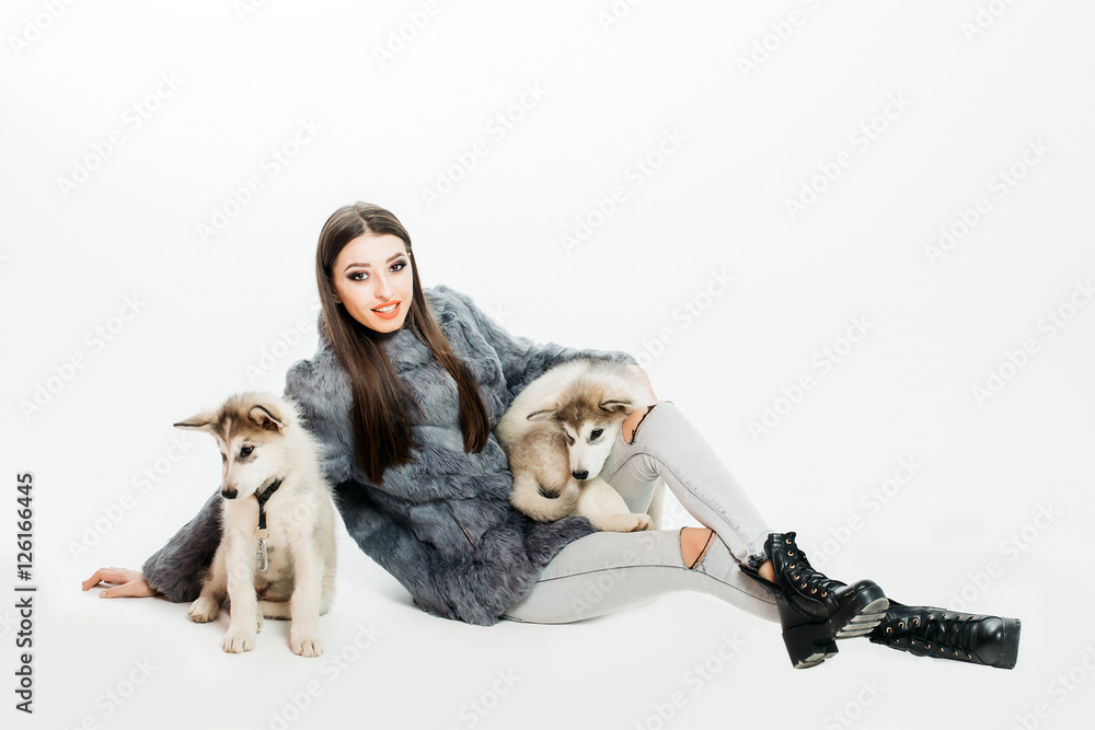pretty sexy girl with husky dog pretty sexy girl with husky dog