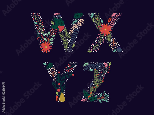 Vector Set of Beautiful Christmas or Winter Holidays Floral Alphabet