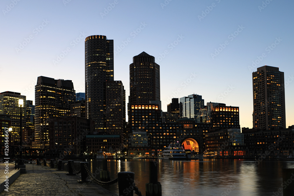 Boston, Massachusetts  city center at dusk