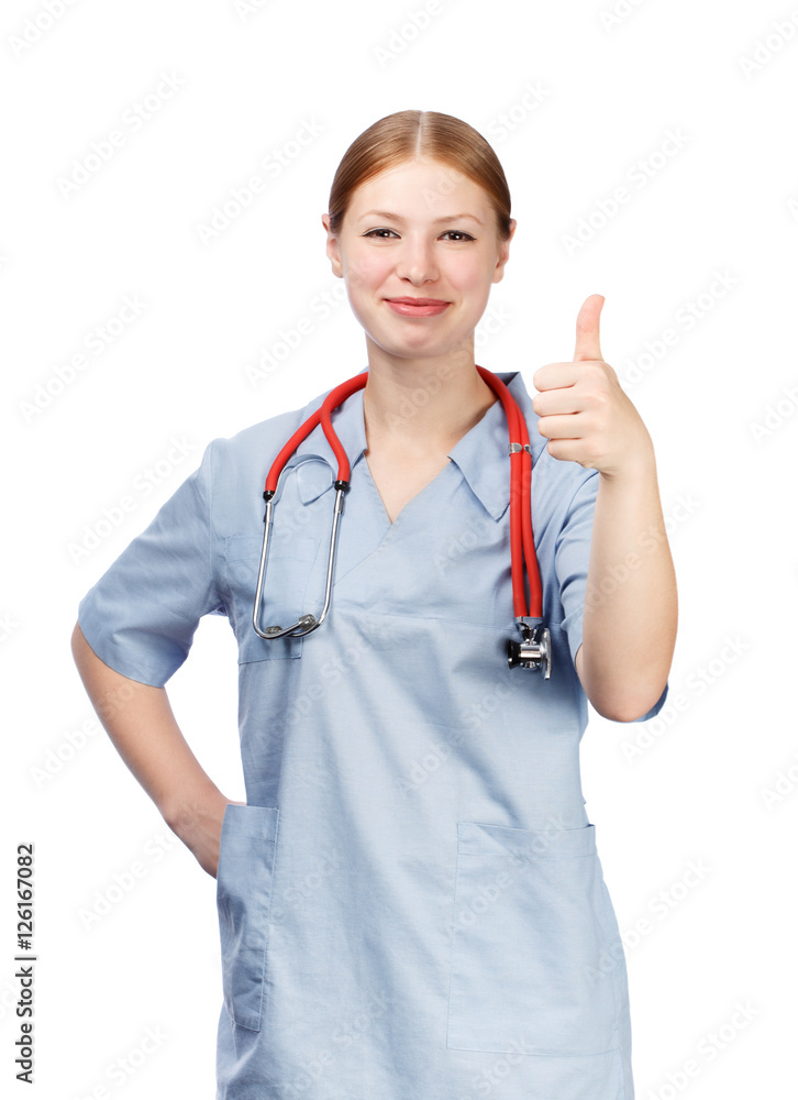 Smiling young woman in blue doctor's smock with red stethoscope Smiling young woman in blue doctor's smock with red stethoscope