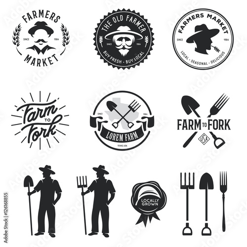 Farmers market set of labels badges emblems. Vector vintage illustration.