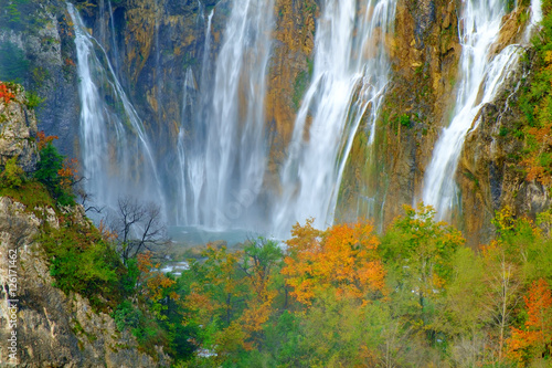 Waterfall the Plitvice Lakes at autumn