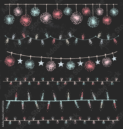 Christmas Party Lights and Garlands Vintage Chalk Drawing Vector Set