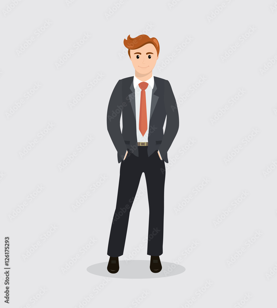 Infographics business man without face, hands in pockets. Full length portraits of elegant, handsome man in suit. Flat design. Vector cartoon illustration