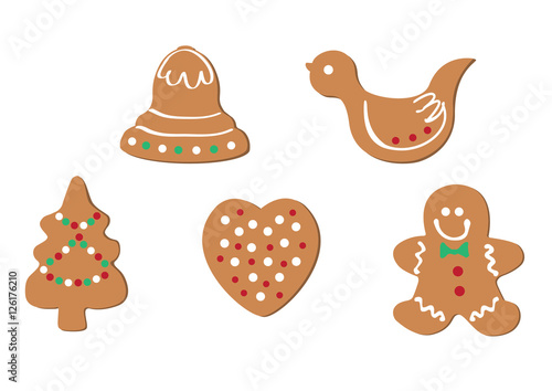 Set of christmas gingersnap with bell, fir-tree, heart, bird and boy