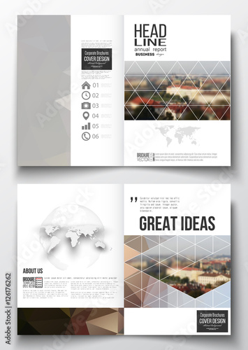 Set of business templates for brochure, magazine, flyer, booklet or annual report. Polygonal background, blurred image, urban landscape, Prague cityscape, modern triangular texture