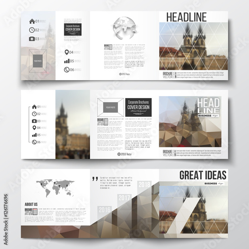 Set of tri-fold brochures, square design templates. Polygonal background, blurred image, urban landscape, Prague cityscape, modern stylish triangular vector texture.