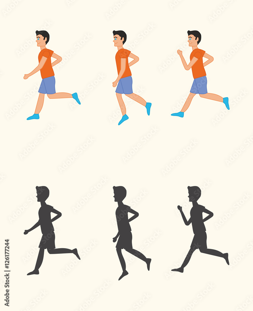 Set of vector illustrations and silhouettes of running boy or young man Set of vector illustrations and silhouettes of running boy or young man