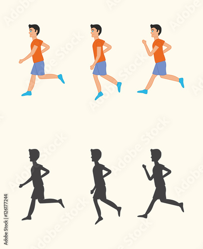 Set of vector illustrations and silhouettes of running boy or young man
