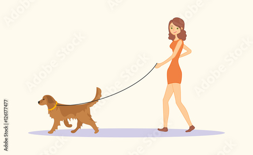 Woman or young girl in casual clothes walking the dog Golden retriever breed. Vector illustration isolated on white background