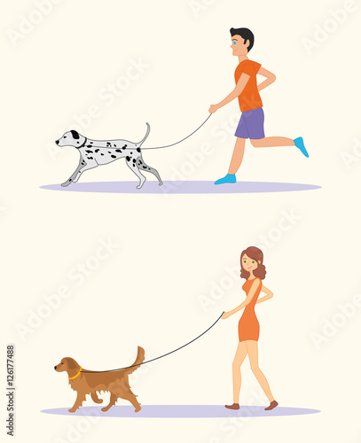 Men and women in casual clothes walking the dogs of different breeds, active people, leisure time. Golden retriever and dalmatian dog breeds. Set of vector illustration